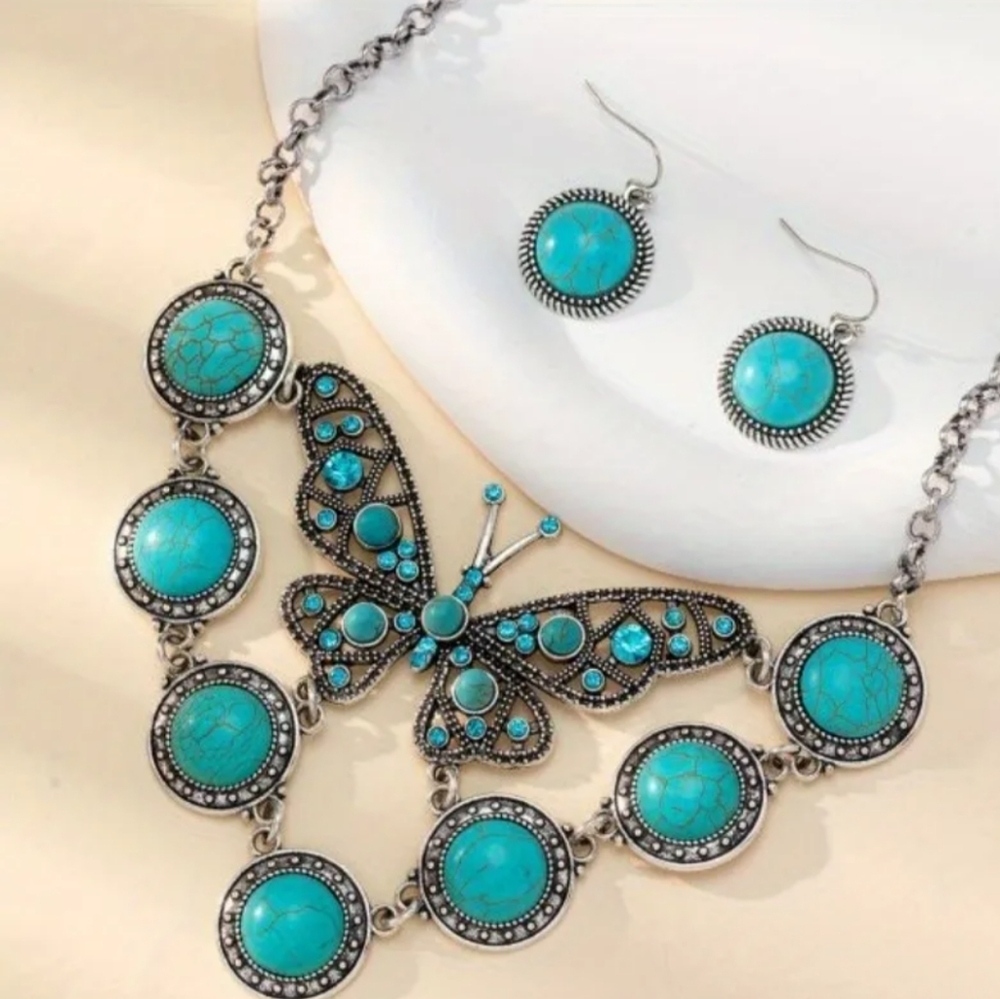 boho‎ Summer Western Turquoise Animal Print Butterfly Necklace Earring Gift Set
